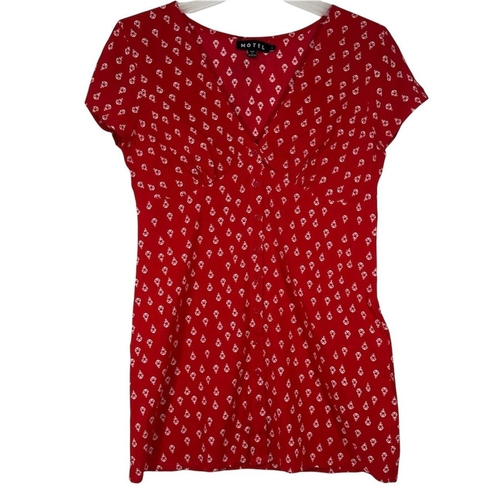 Mini Dress Womens Red Large Ruched V Neck Boho Overall Anchor Print Short Sleeve